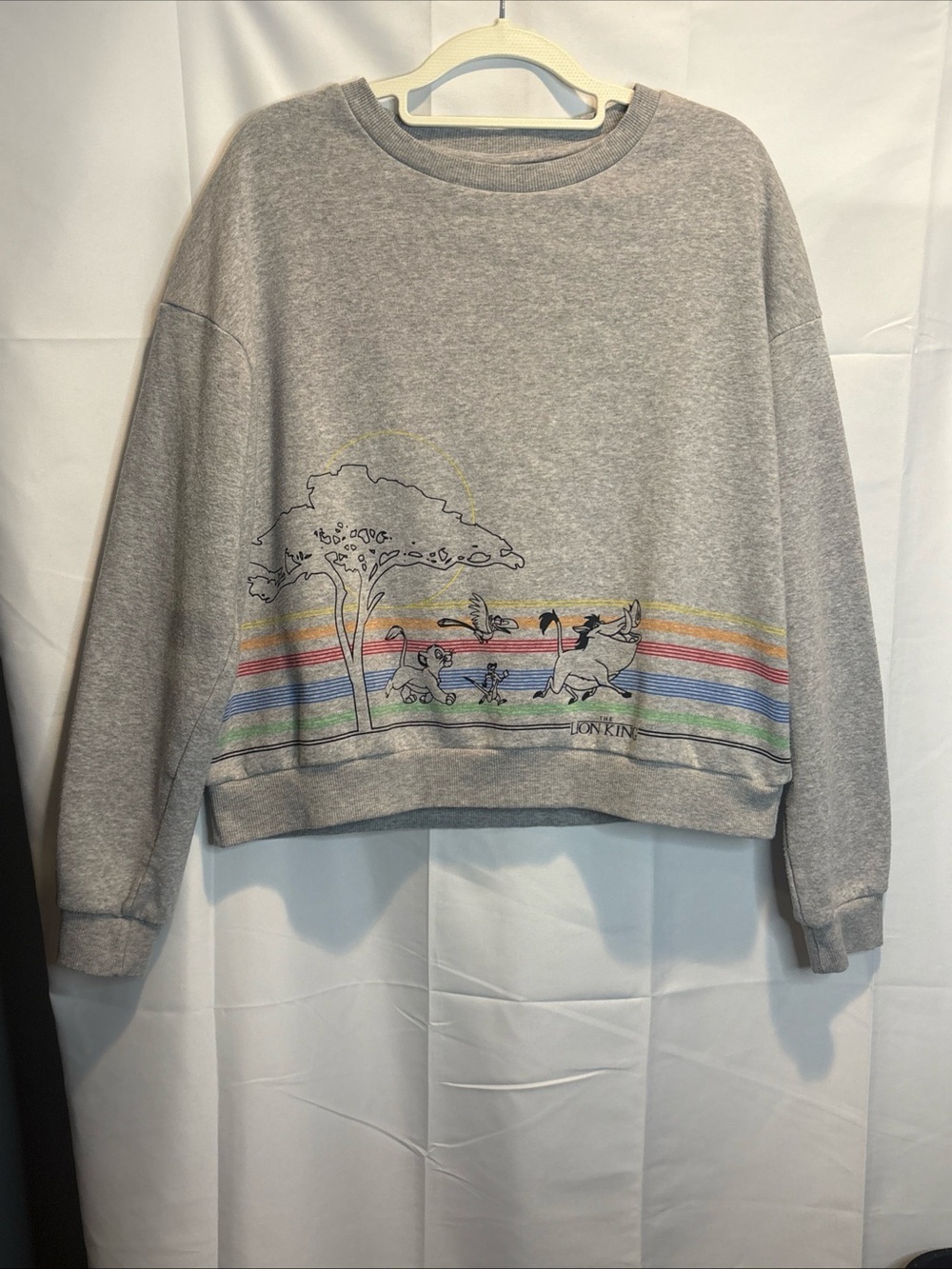 Disney Gray Lion King Crewneck with Rainbow Stripe Art